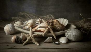 Seashell collection decorates wooden table by the sea generated by AI photo
