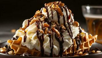 Indulgent chocolate waffle stack with whipped cream generated by AI photo