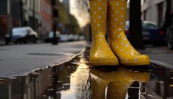 Yellow rubber boots splash through muddy puddles generated by AI photo