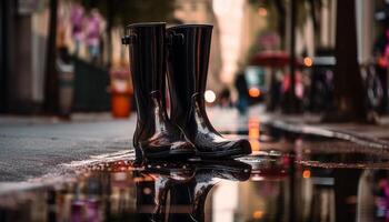 Shiny leather boots reflect wet autumn rain generated by AI photo