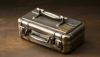 cuero maleta con metal hebilla, elegante viaje generado por ai foto