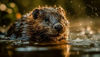 Wet beaver nose reflects tranquil pond beauty generated by AI photo