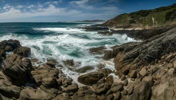 Breaking waves crash against rocky coastline, idyllic beauty generated by AI photo