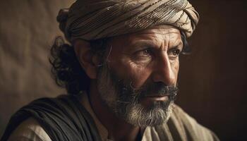 Senior Indian man with turban, serious expression generated by AI photo