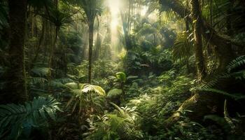Tropical rainforest ferns grow in lush greenery generated by AI photo