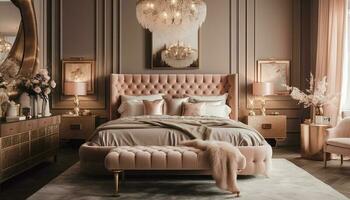 lujo dormitorio con moderno diseño y elegancia generado por ai foto