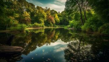 Autumn leaves reflect in tranquil pond water generated by AI photo