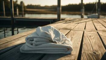 Relaxation on a wooden jetty by water generated by AI photo