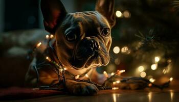 Cute French bulldog puppy sitting by Christmas tree generated by AI photo