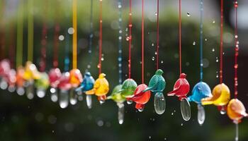 Levitating snowflake drops hanging from vibrant tree branch generated by AI photo