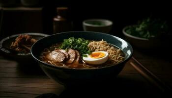 Freshly cooked ramen noodles with healthy vegetables generated by AI photo