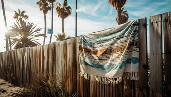 Sunset over tropical palm trees and coastline generated by AI photo