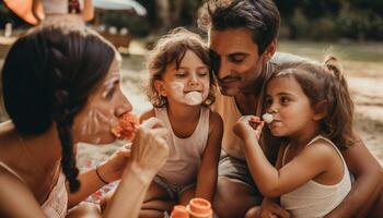 Family enjoying a carefree summer picnic together generated by AI photo