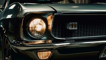 Shiny chrome vintage car bumper reflects modern lighting generated by AI photo