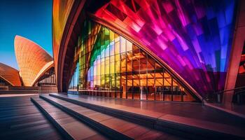 futurista rascacielos ilumina paisaje urbano con multi de colores Encendiendo generado por ai foto