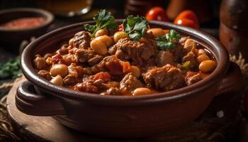 Freshly cooked beef stew in rustic crockery bowl generated by AI photo