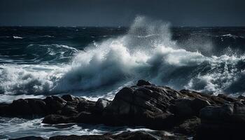 Breaking waves spray foam on rocky coastline generated by AI photo