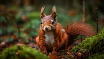 Fluffy gray squirrel sitting on tree branch generated by AI photo