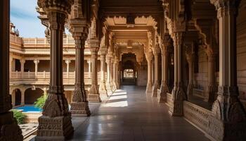 Ancient sandstone arches adorn Hindu temple courtyard generated by AI photo