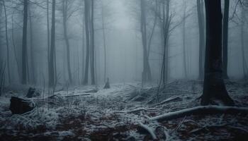 Spooky forest, mystery in the dark silhouette generated by AI photo