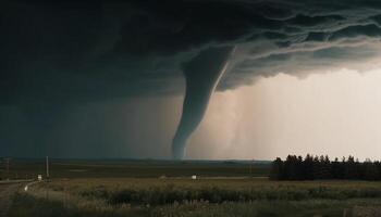 Wind turbines generate electricity on wet meadow generated by AI photo