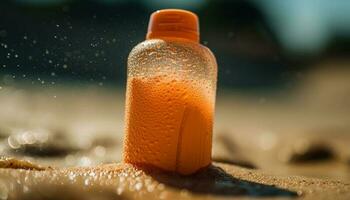 refrescante bebida en vaso botella en arenoso playa generado por ai foto