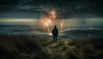 One person standing, saluting bright firework display generated by AI photo