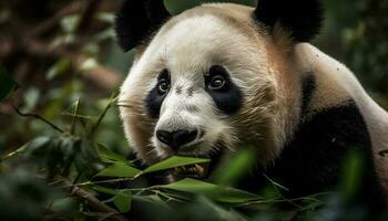 Cute panda eating bamboo in tropical forest generated by AI photo