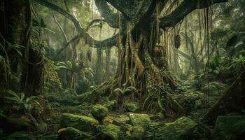 Ancient tree roots overgrown with ferns and mystery generated by AI photo