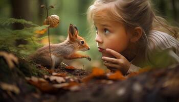 pequeño niño participación mullido Conejo en otoño bosque generado por ai foto