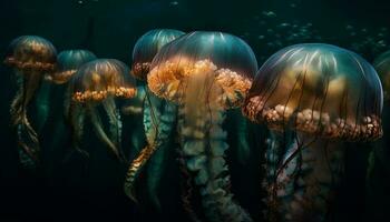 Glowing medusa tentacles swim in dark waters generated by AI photo