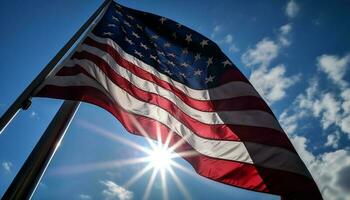 americano bandera ondulación en el verano luz de sol generado por ai foto