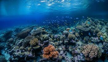 multi de colores pescado nadar en tropical arrecife paraíso generado por ai foto