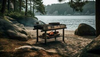 A la parrilla carne en un hoguera, otoño tranquilidad generado por ai foto