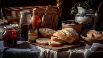 hecho en casa rústico un pan cesta, gastrónomo sano comida generado por ai foto