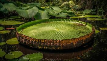 Lotus blossom floats on tranquil pond water generated by AI photo