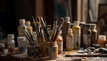 Craftsman workshop tools, paint, and creativity abound generated by AI photo