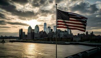 American flag waves over iconic city skyline generated by AI photo