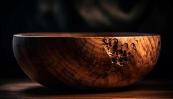 Rustic earthenware bowl on wooden table centerpiece generated by AI photo