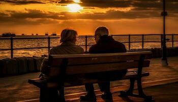 Senior couple embracing on waterfront at dusk generated by AI photo