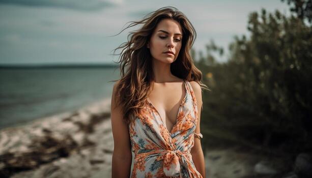 Young woman enjoying freedom in nature beauty generated by AI photo