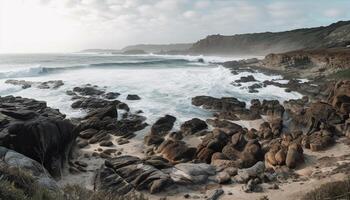 Breaking waves crash against eroded cliff rocks generated by AI photo