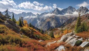 Majestic mountain peak, tranquil scene, sunlit meadow generated by AI photo