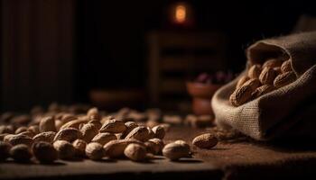 Organic nuts on rustic wood table background generated by AI photo