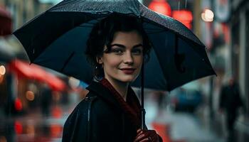 One young woman smiling, walking in rain generated by AI photo