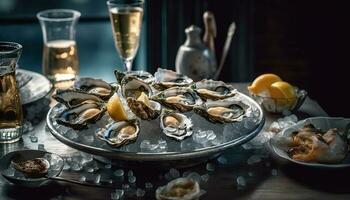 Fresh seafood and wine on wooden table generated by AI photo