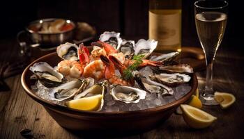 Fresco Mariscos comida en rústico madera plato generado por ai foto