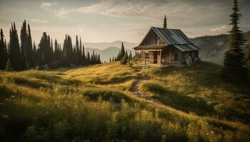 Tranquil scene of rustic cottage in meadow generated by AI photo