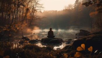 meditando al aire libre, rodeado por naturaleza belleza generado por ai foto