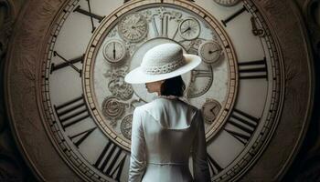 joven mujer en marrón traje relojes reloj generado por ai foto